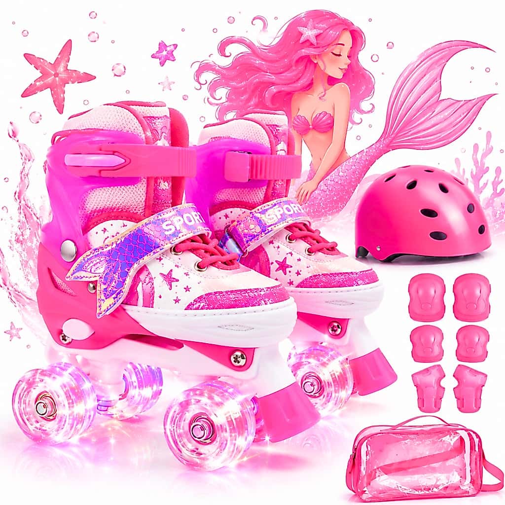 Patins Infantil 4 Rodas Quad Roxo Sereia Com Luz De Led Patins Meninas Com Proteção Ajustavel com bolsa, imagem 1 de 1