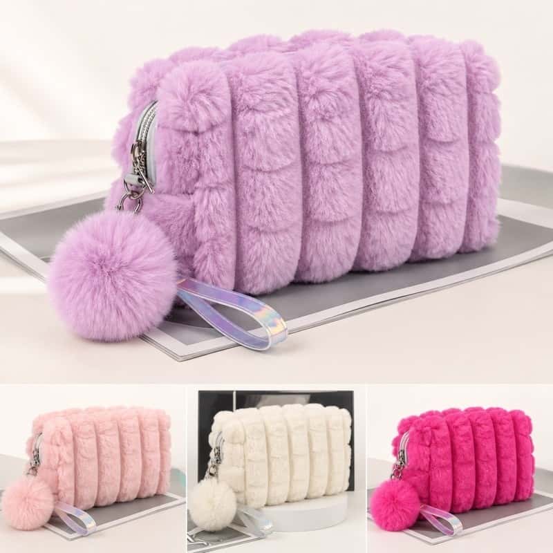 Necessaire de Pelúcia com Pompom Grande Capacidade Estojo e Bolsa de Maquiagem, imagem 1 de 1