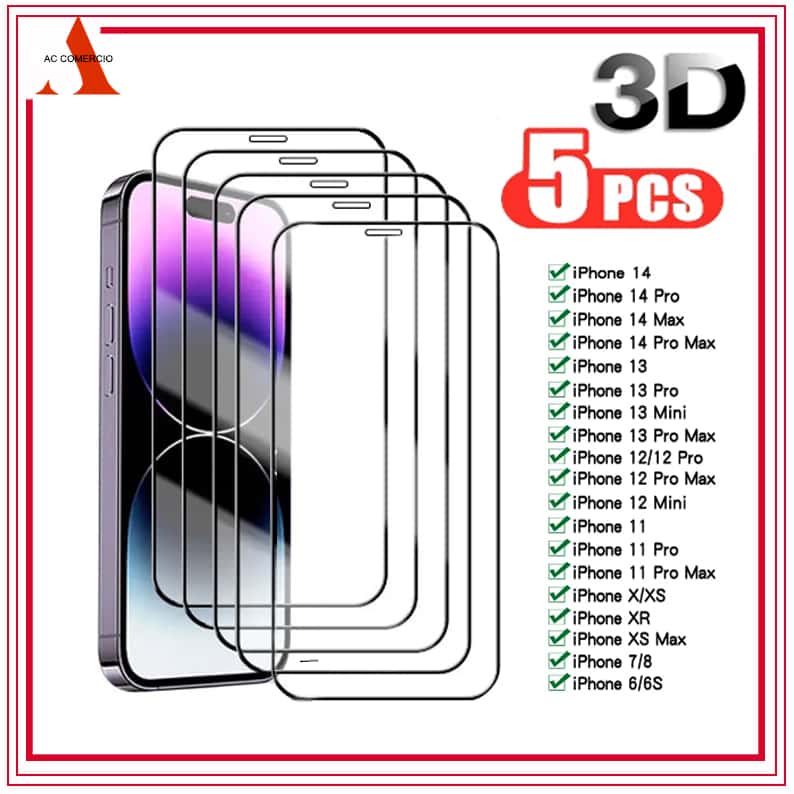 Kit 5 Película De Vidro Temperado 3D 9H Para iPhone 6/7/8 Plus Xs Xr 11 Pro Max 12 13 14 Pro Max, imagem 1 de 1