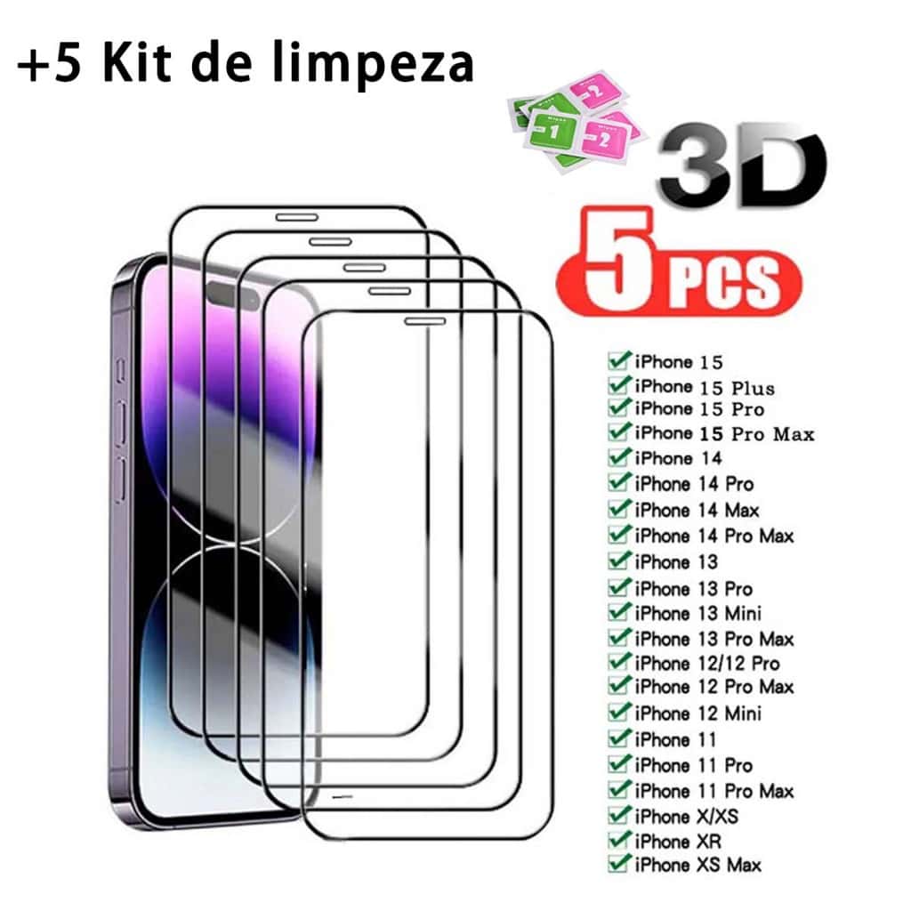 Kit 5 Película 3d para iPhone Modelo Completo Película iphone x 11 12 13 14 15 16promax, imagem 1 de 1