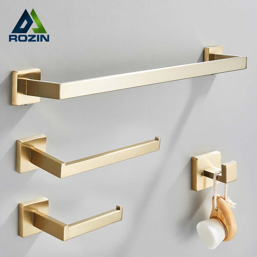 Kit Acessórios Para Banheiro Completo 4 Peças Inox 40/60cm Toalheiro De Banheiro Dourado Escovado, imagem 1 de 1