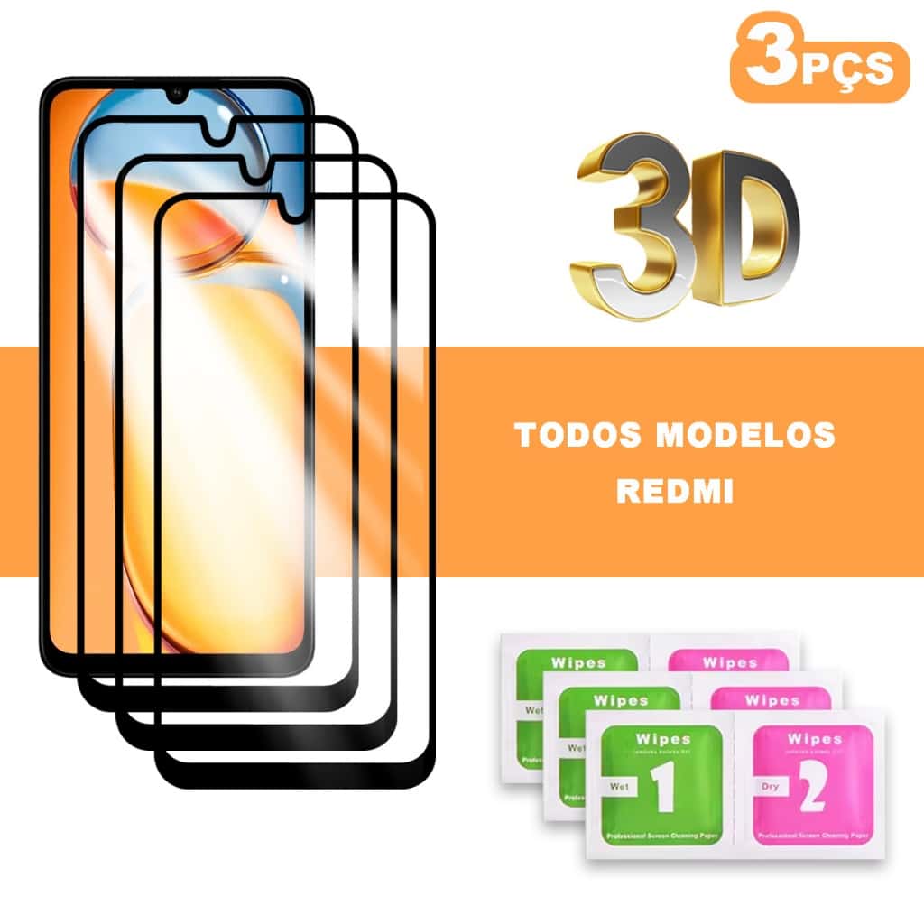 Kit 3 Película 3D Vidro Temperado Para Xiaomi Redmi Note 13 Pro Note 12 Pro Note 11 Pro Note 10 Note 9 Note 8 Note 7 13C, imagem 1 de 1