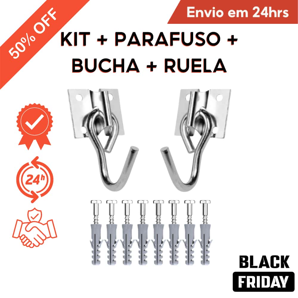 Kit Gancho Reforçado para Rede de Balanço e Descanso, Aço, Suporte 250kg, 8 Buchas e Parafusos, imagem 1 de 1