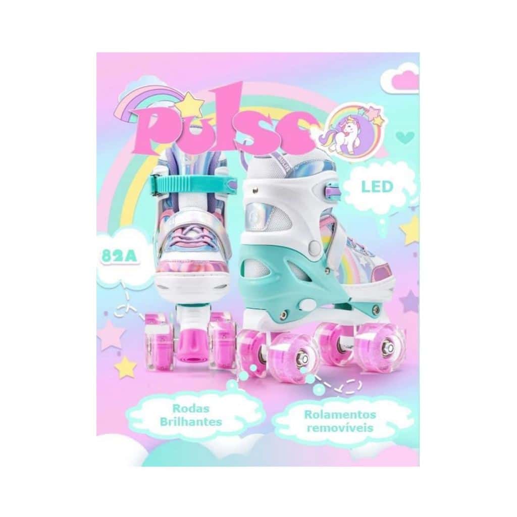 Patins ROLLER INFANTIL arco-íris de 4 rodas com luzes LED e piscantes, modelo PREMIUM, imagem 1 de 1