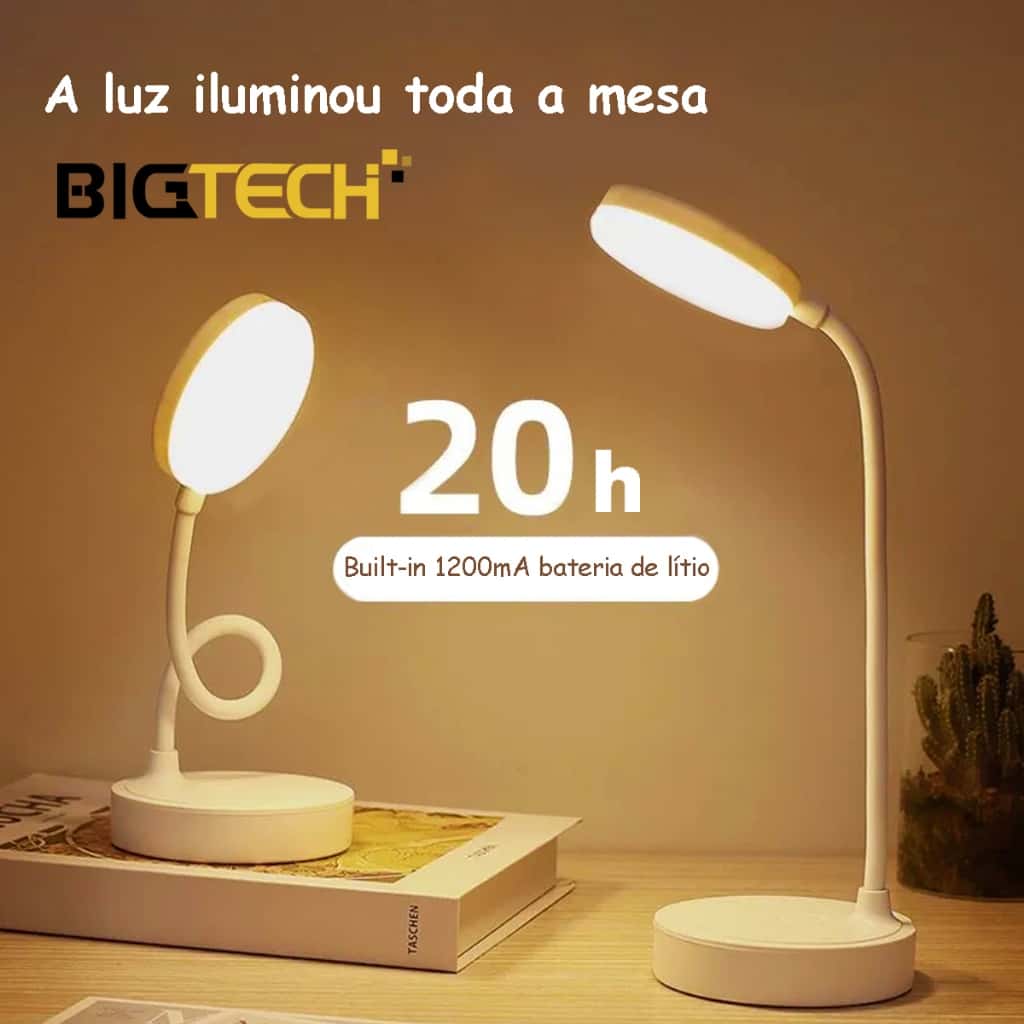 Luminária Abajur de Mesa LED Luz Recarregável Touch Haste Flexível Lâmpada De Estudo Sem Fio BigTech, imagem 1 de 1