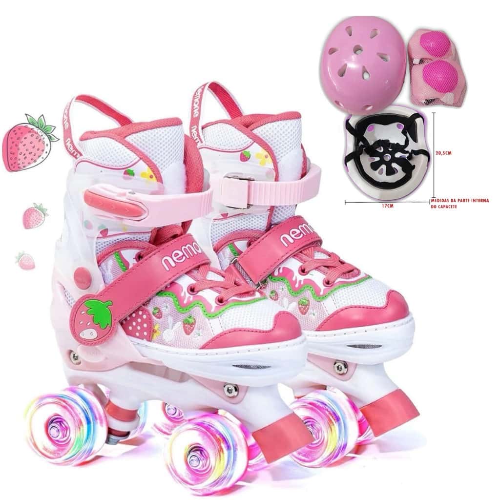 Patins 4 Rodas Infantil Morango Meninas Com Led Freios + Kit Proteção Semi Professional, imagem 1 de 1