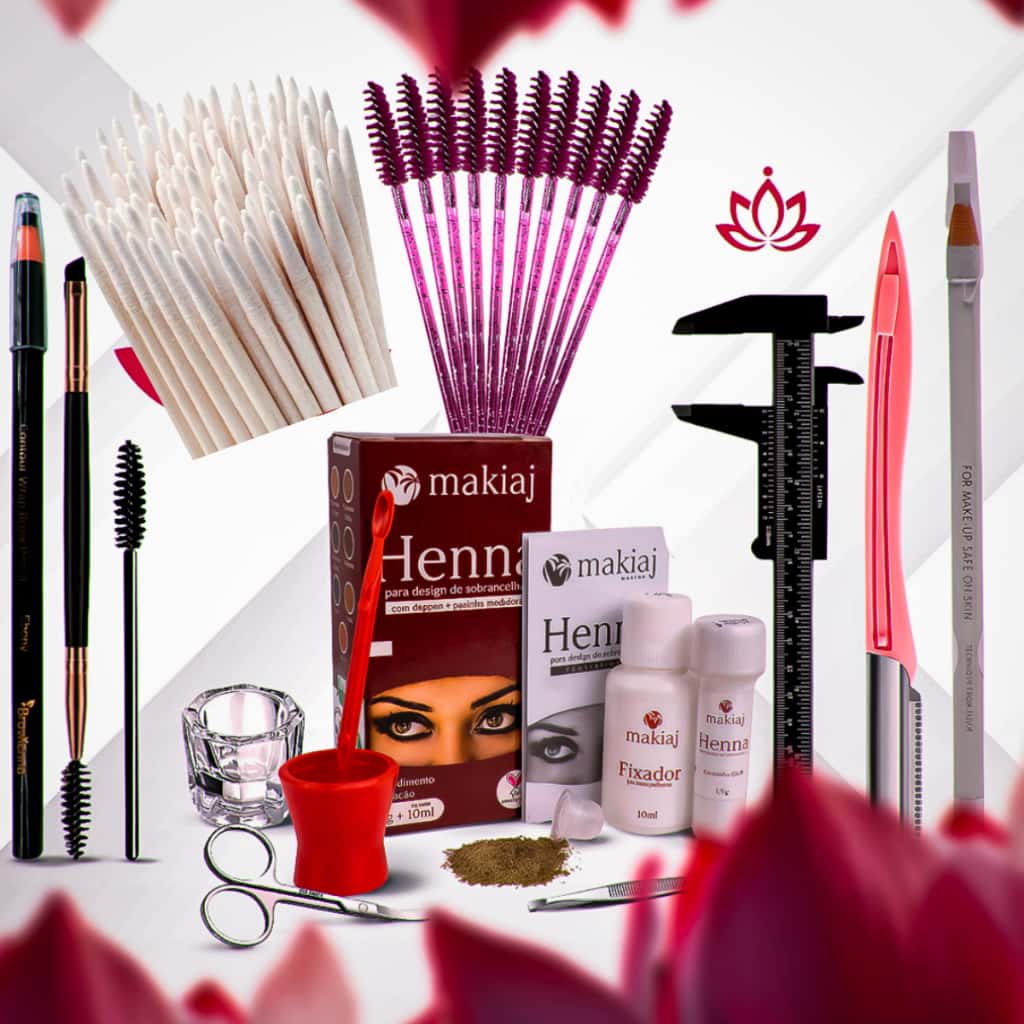 Kit Sobrancelha Henna makiaj+Palito+Navalha+Paquímetro+Tesoura+Pincel+Dappen+ 2 Lápis Dermatográfico, imagem 1 de 1