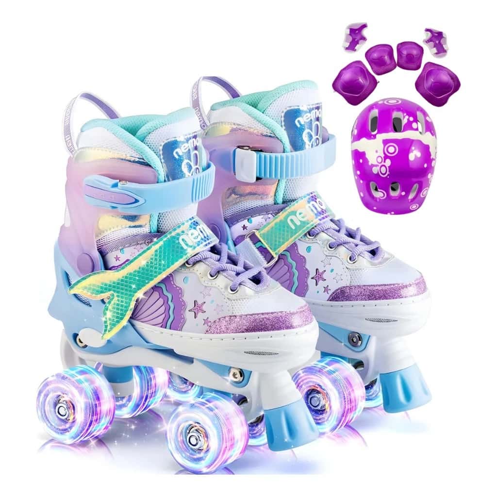 Patins 4 Rodas Infantil Ajustável Arco Íris, Sereia, Dinossauro TODOS c Led nas Rodas e Kit Proteção, imagem 1 de 1