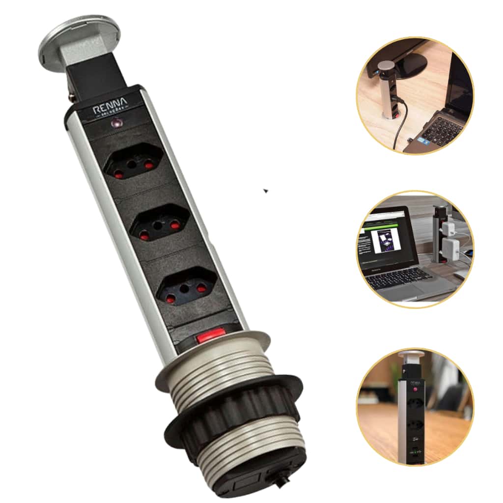 Torre de 3 Tomadas Padrão 20A Vertical Embutir Retrátil  Bancada Mesa Escritório 127/220v 3500W - Corrente Nominal 16A, imagem 1 de 1