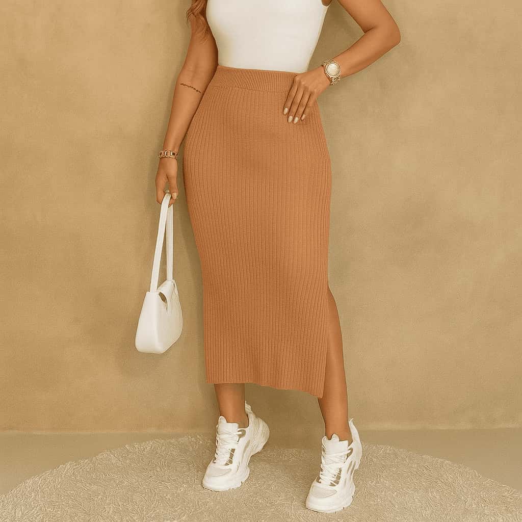 Saia Midi Tricot Fenda Lateral Moda Verão Saia Longa Feminina Moda Evangélica, imagem 1 de 1