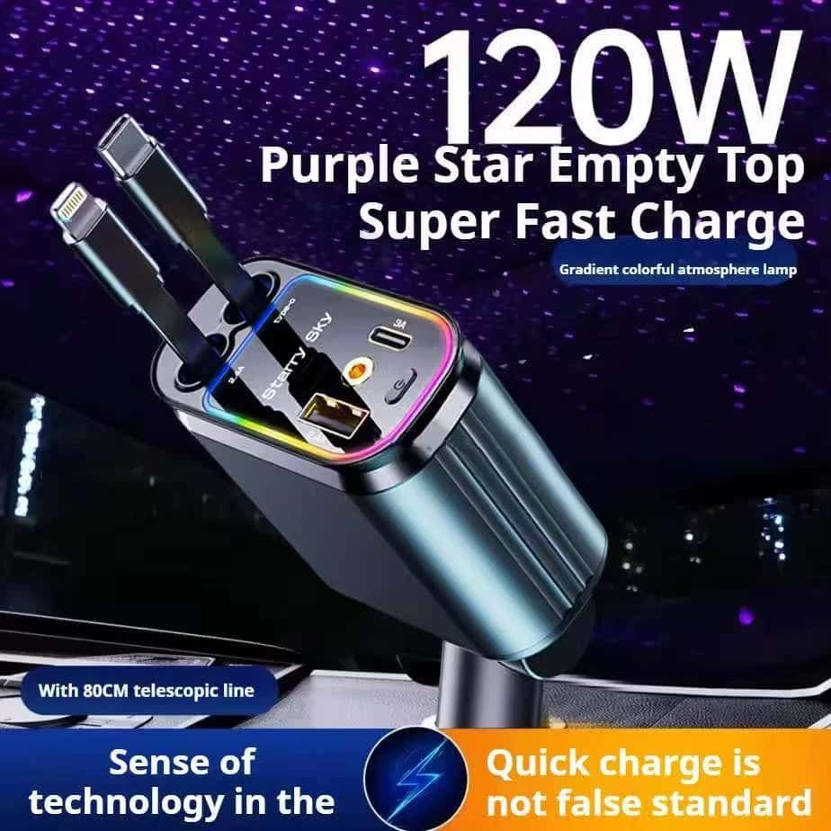 Carregador de carro retrátil com luz LED, carregador de carro rápido 4 em 1 de 120 W para iPhone e Android, imagem 1 de 1
