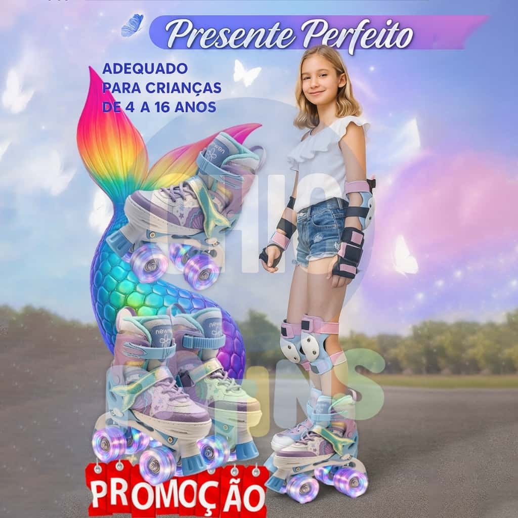 Patins Infantil De 4 Rodas Meninas Com Freios Com Led + Kit Proteção Criancas, imagem 1 de 1