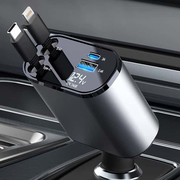 Carregador de carro retrátil, carregador rápido de para carro 4 em 1 para iPhone e Android, imagem 1 de 1