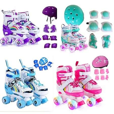 Patins Infantil 4 Rodas Com Luz De LED Arco Íris Ajustável Dinossauro+Kit Proteção e Sem Kit Proteção, imagem 1 de 1