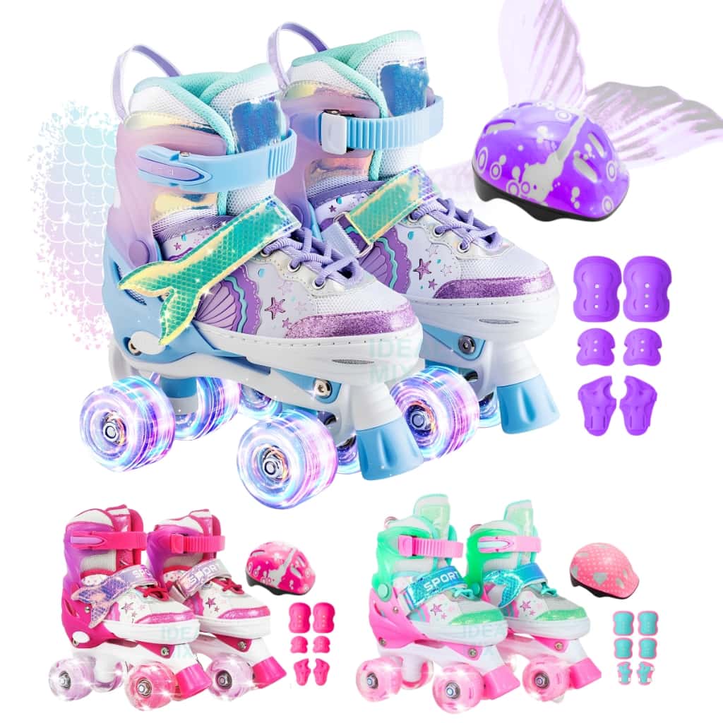 Patins Infantil Ajustável 4 Rodas Sereia + Kit Proteção Rodinha Led, imagem 1 de 1