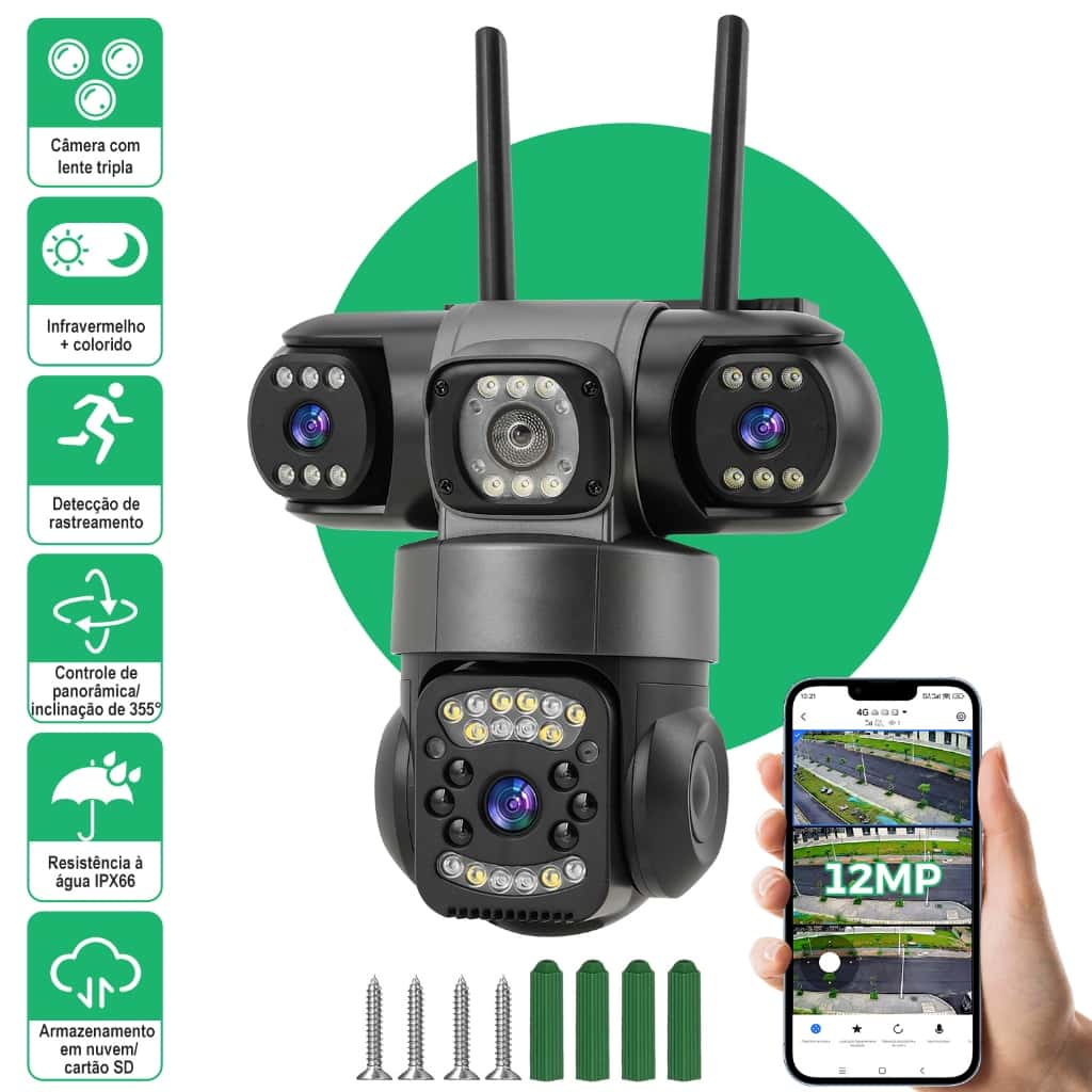 Câmera Tripla Inteligente 360° Wifi 4k Ultra Interna Externa Preto, imagem 1 de 1