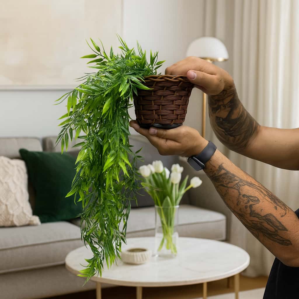 Planta Decorativa: Vasos Trançado Marrom + Pendentes Artificial Folhas De Bambu, imagem 1 de 1