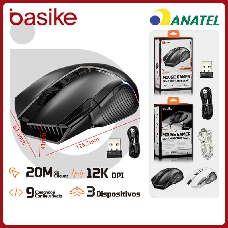 Basike Mouse Sem Fio BLuetooth 12000DPI Ajustável 3 Modos，Mouse Gamer Ergonômico RGB para Notebook，PC e Teclado，MOU339, imagem 1 de 1