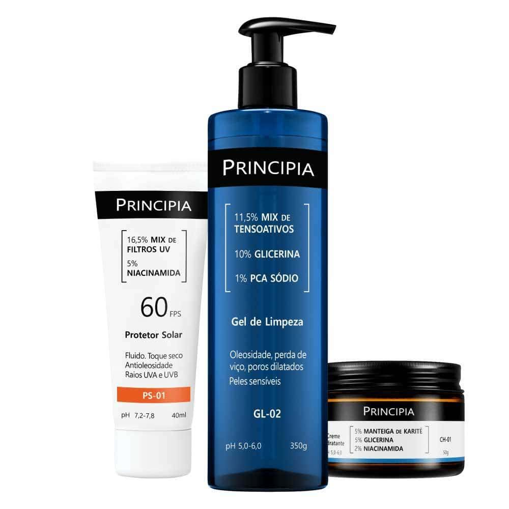 Principia Kit Completo Peles Sensíveis c/ Gel de Limpeza GL-02 + Creme Hidratante CH-01 + Protetor Solar PS-01 FPS 60, imagem 1 de 1