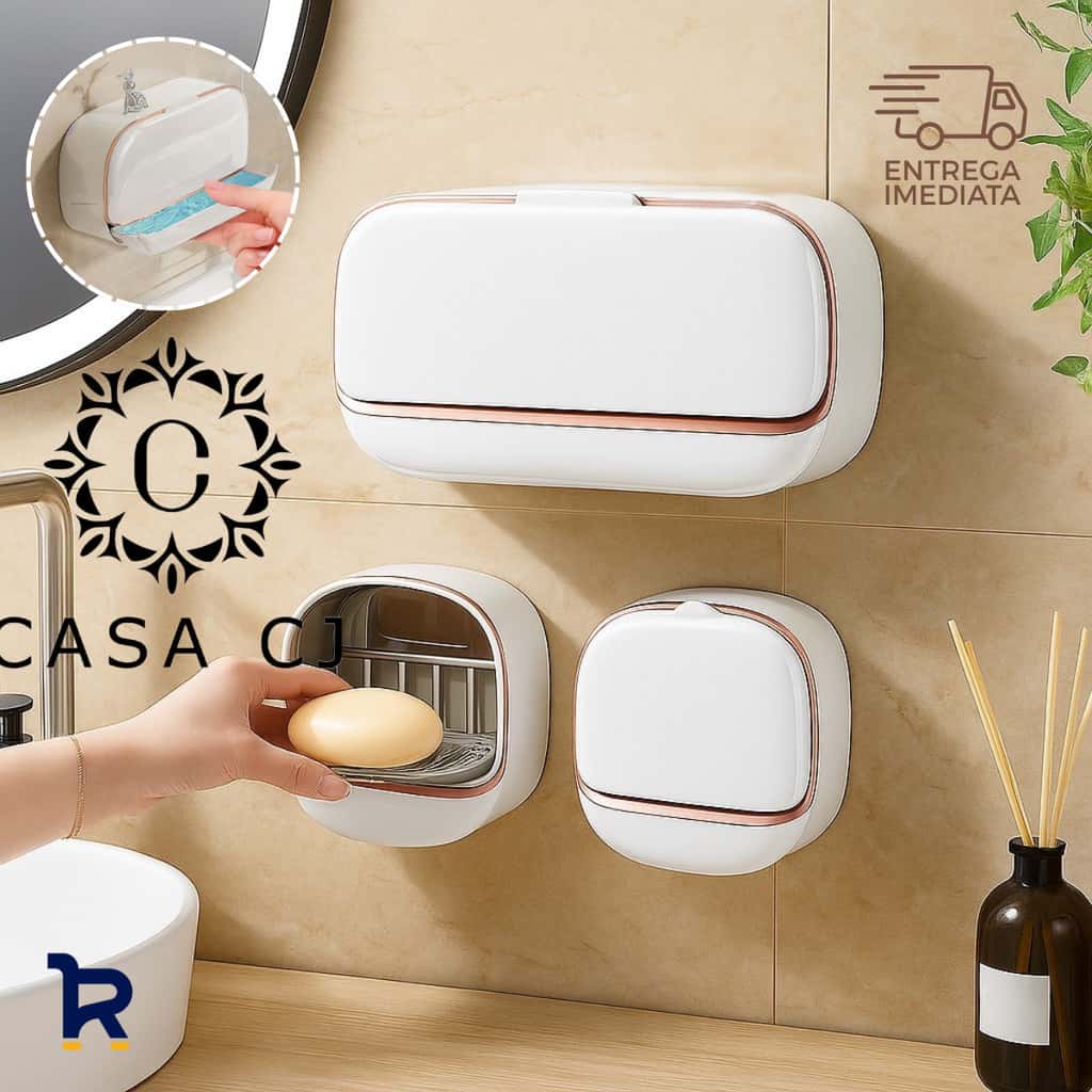 Kit Saboneteira Porta Sabão Duplo com Adesivo para Fixação Parede Banheiro Bandeja Dreno Sabão Seco, imagem 1 de 1