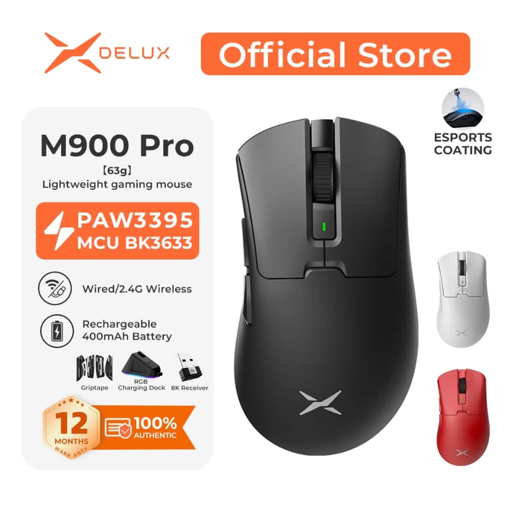DELUX M900 Pro  Mouse Gamer Ergonômico Sem Fio/Com Fio – PAW3395, 63g, Dock 8K, Ice Coating, BK3633, 500mAh, imagem 1 de 1