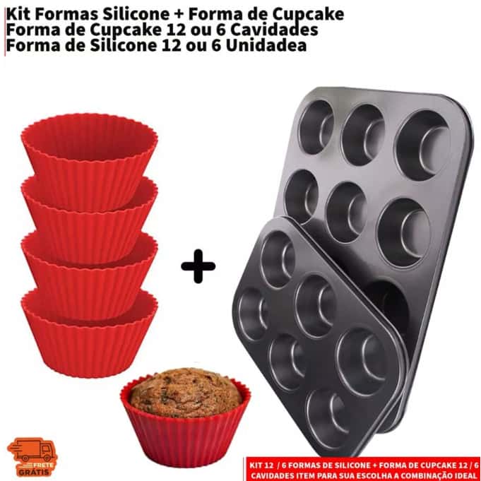 Kit 12 ou 6 Forminhas de Silicone Não Gruda + Forma de Cupcake 12 ou 6 Cavidades Antiaderente Empada, imagem 1 de 1