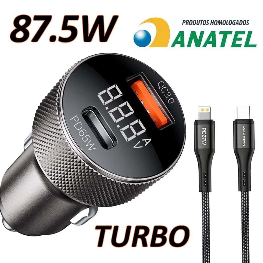 Carregador Veicular Turbo 87.5W USB-C USB-A Carregamento rápido Metal aeronáutico TIPO C, imagem 1 de 1