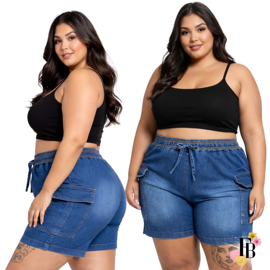 Short Jeans Lycra Plus Size do 42 ao 56 Feminino Cintura Alta Bolso Lateral Cordão Verão Estiloso, imagem 1 de 1