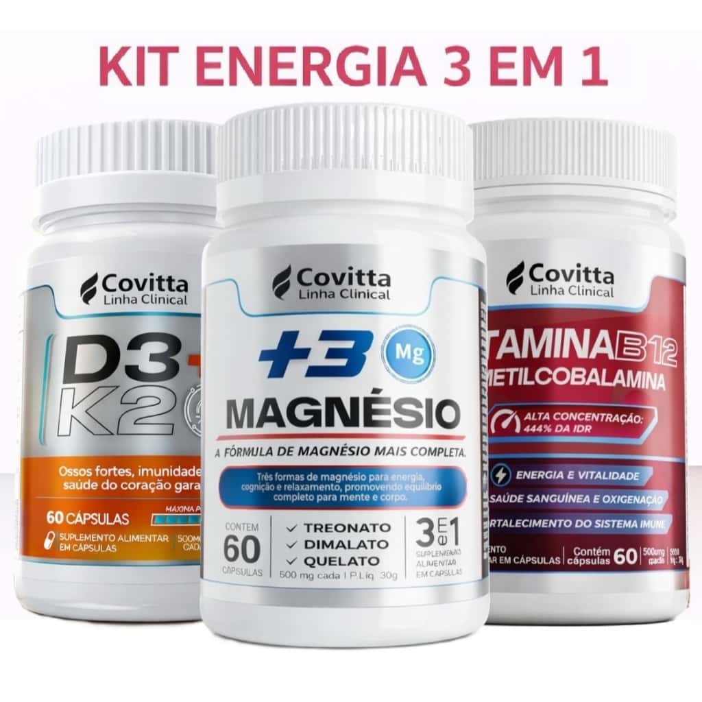 Kit Vitaminas B12 + Vitamina D3 K2 + Magnésio 3 em 1 | 180 Cápsulas - Saúde Completa | Covitta, imagem 1 de 1