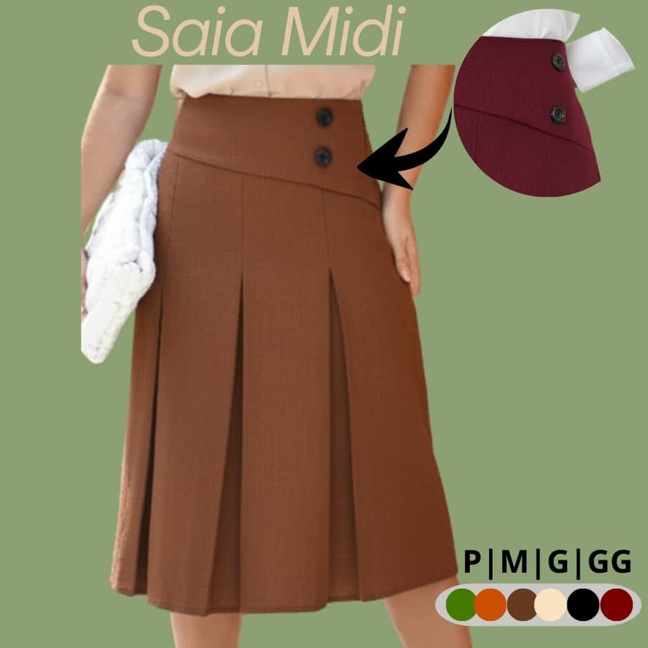 Saia Midi Feminina Plissada do P ao G2 Detalhe 2 Botão Tecido Linhão Moda Evangélica Elegante Social, imagem 1 de 1