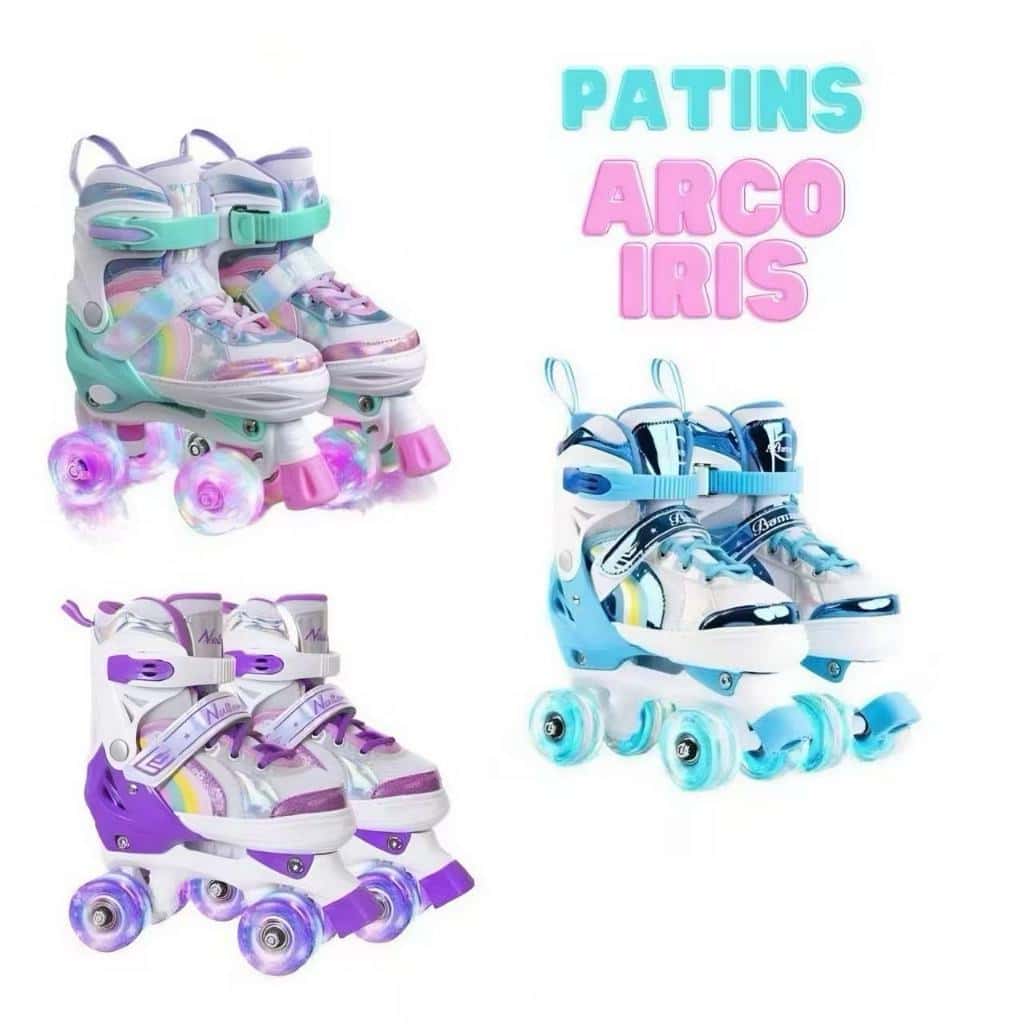 Patins Infantil 4 Rodas Arco ÍRIS  Com Luz De LED Ajustável+Kit Proteção e Sem Kit Proteção, imagem 1 de 1