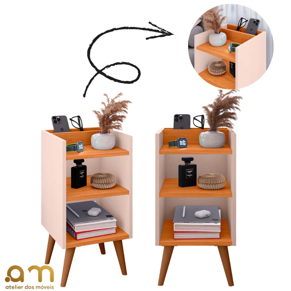 Kit com 2 Mesa de Cabeceira Nicho Organizador, pés retrô em PVC e Porta-Celular Max, imagem 1 de 1