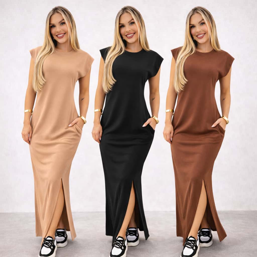 Vestido longo casual basico feminino ribana canelada manga muscle moda gringa preto marrom plus size, imagem 1 de 1