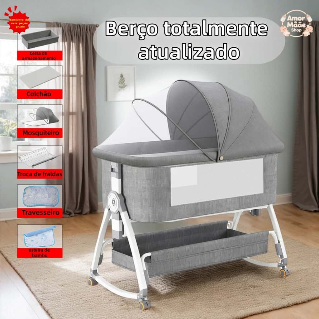 Berço Portátil Moises Co-bed Com Balanço Mosquiteiro e Cesto Regulagem de Altura, imagem 1 de 1
