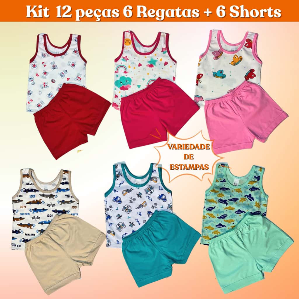 Conjunto Infantil Regata Estampada e Short Liso 100% Algodão  Kit de 6, 3, 2  e 1 Conjuntos, imagem 1 de 1