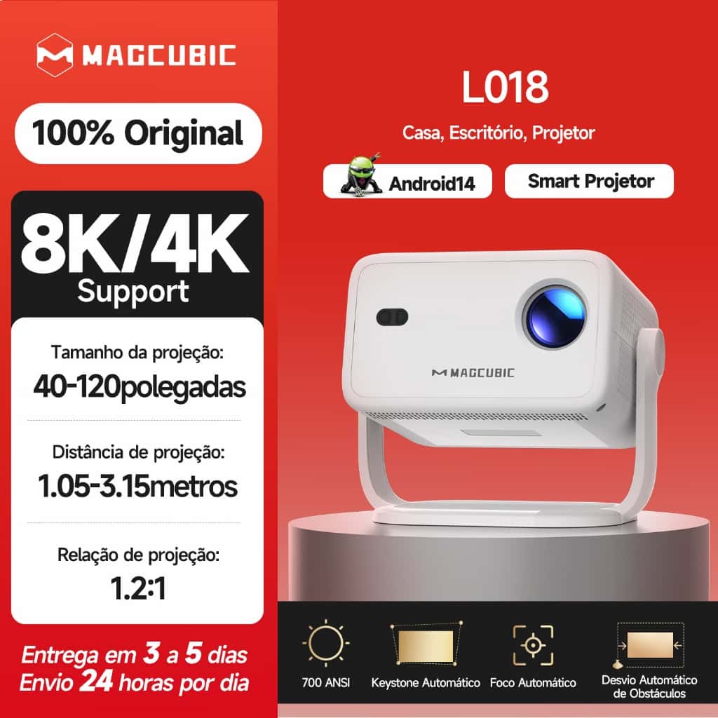 MAGCUBIC Projector L018 700ANSI Foco Automático Android 14 8K/4K Wi-Fi6 Com Bluetooth Projeção De Parede Doméstica, imagem 1 de 1