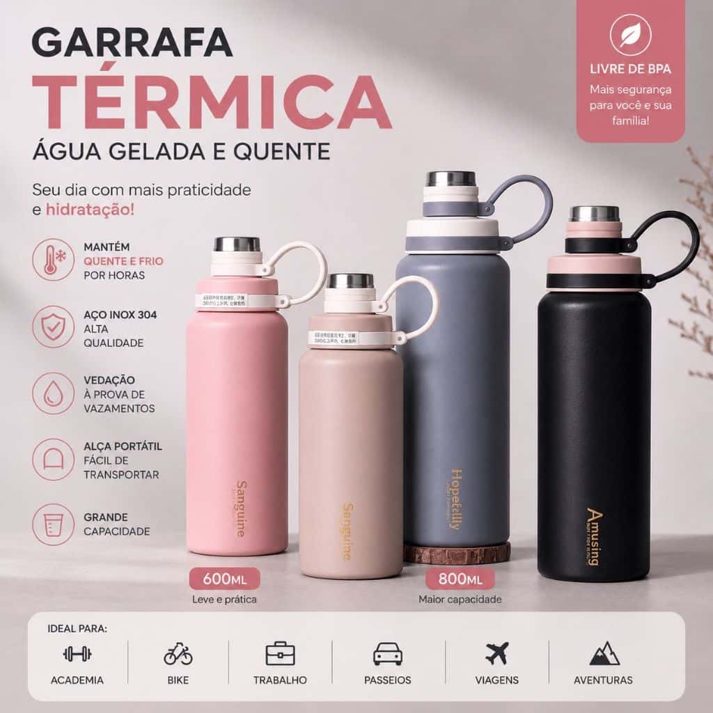 Garrafa Térmica Inox 600ml 800ml Academia Bike Sem Vazamento Quente e Gelada, imagem 1 de 1