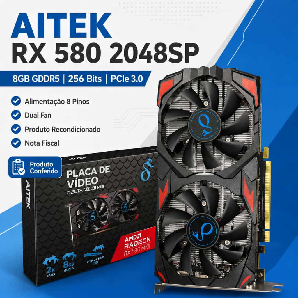 Placa De Vídeo AITEK RX 580 2048SP 8GB GDDR5 256 Bits PCIe 3.0 Recondicionada 8 Pinos, imagem 1 de 1