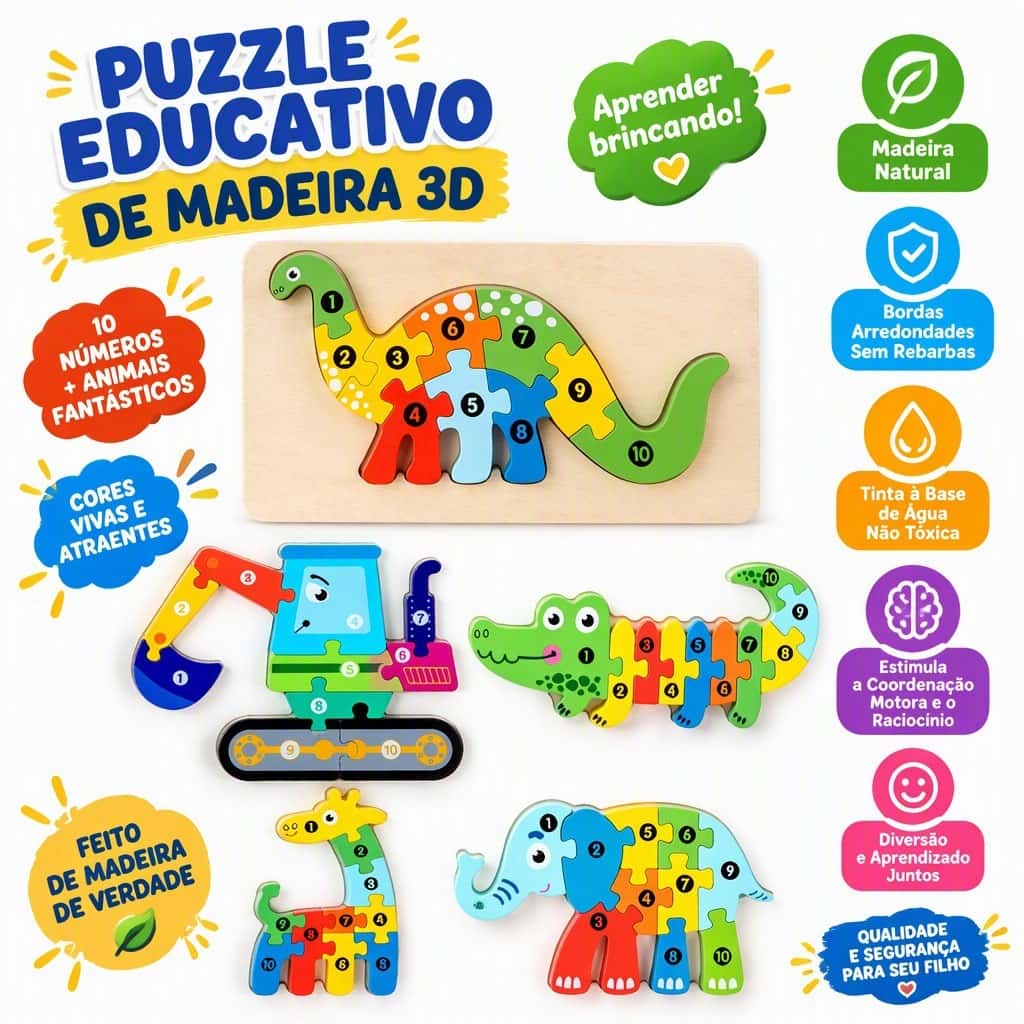 Quebra-Cabeça de Dino 3D em Madeira - Brinquedo Educativo Montessori para Bebês e Crianças Pequenas, imagem 1 de 1