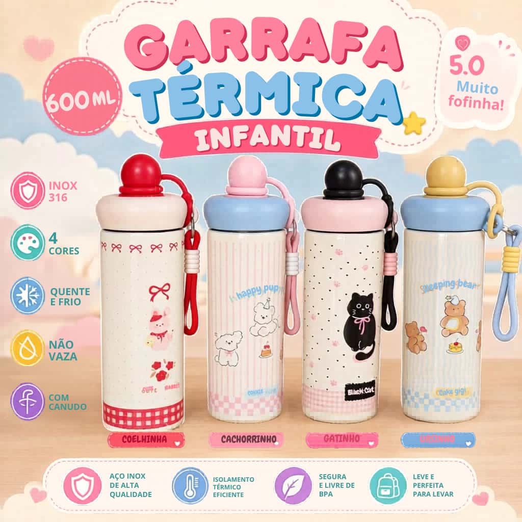 Garrafa Térmica Inox 500ml Kawaii Antivazamento com Canudo Alça e Abridor, imagem 1 de 1