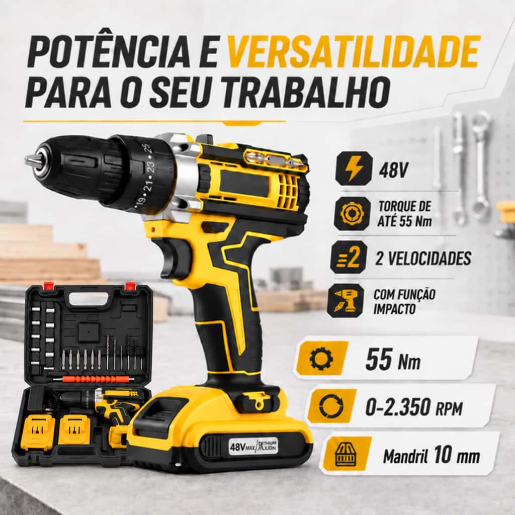 Parafusadeira Furadeira Sem Fio Bateria 48v com Baterias Com Maleta Completo, imagem 1 de 1
