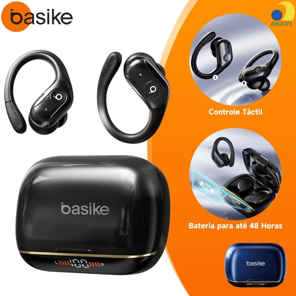 BASIKE Fone de Ouvido Esportivo Bluetooth 6.0, com Cancelamento de Ruído, Gancho Orelha e Bateria de Longa Duração, imagem 1 de 1