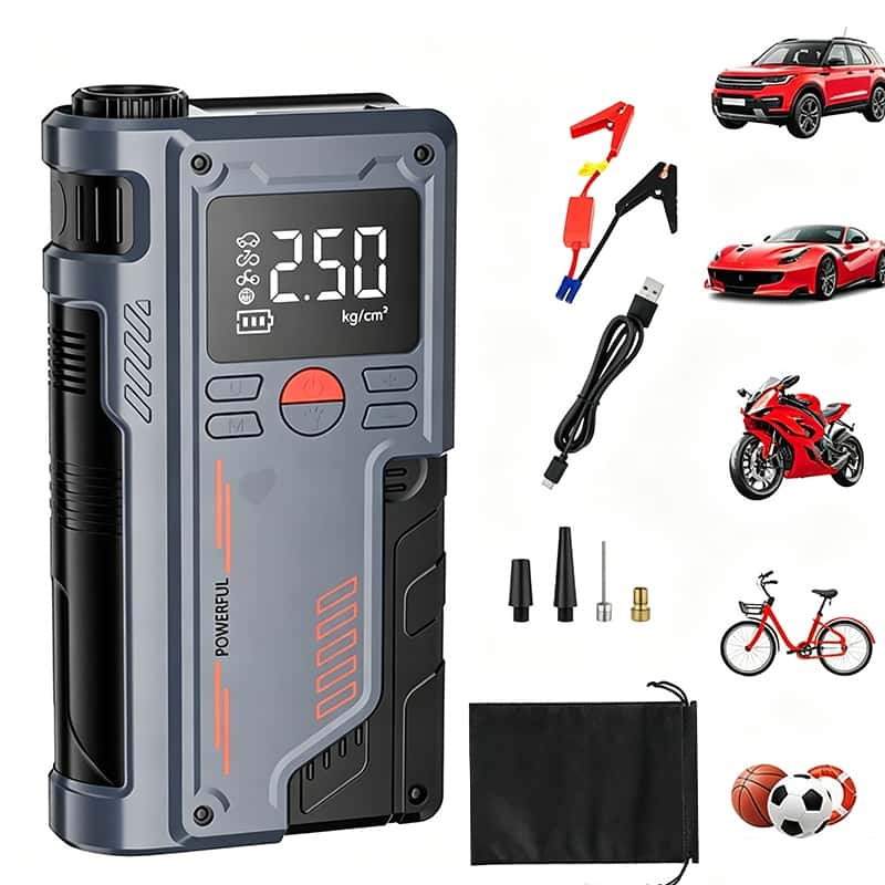 Jump Starter 12000mAh com Compressor de Ar Elétrico - Dispositivo de Emergência Portátil  com Display LCD e LED Torch, imagem 1 de 1
