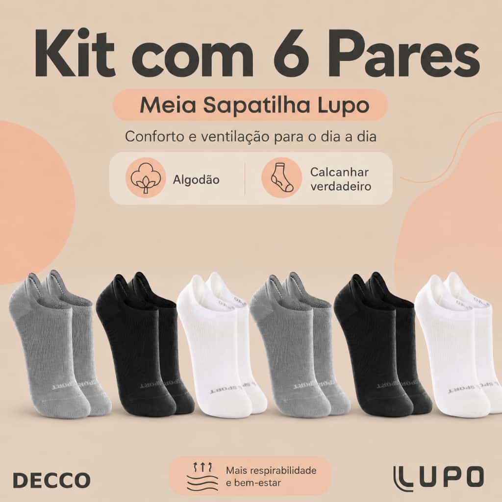 Kit De 6 Pares Meias Cano Invisível Lupo Sport Algodão Soquete Sapatilha Unissex, imagem 1 de 1