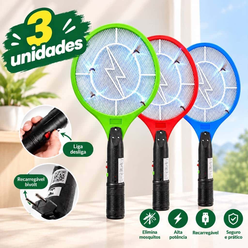 Raquete Elétrica Mata Mosquitos Bivolt 110 e 220 Recarregável Alta Potência Colorida, imagem 1 de 1