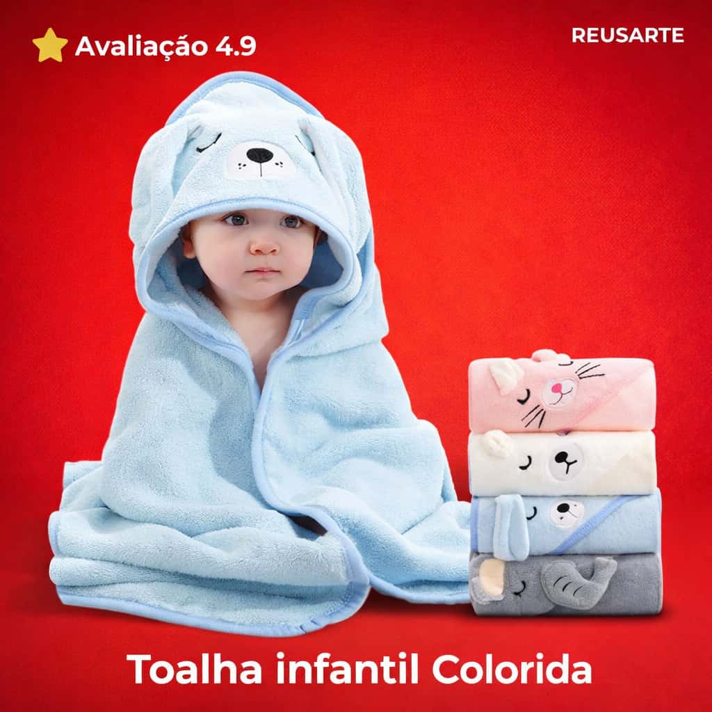 Toalha Banho Bebê Capuz Roupão Infantil Recém Nascido Criança Bichinho Bordado, imagem 1 de 1