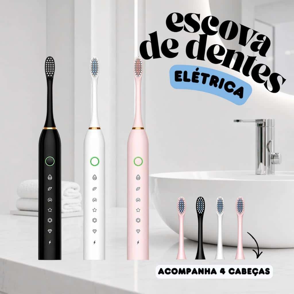 Kit Escova de Dente Elétrica + 4 Cabeças Refil À Prova d’Água 7 Modos Recarregável Usb Limpeza Bucal, imagem 1 de 1