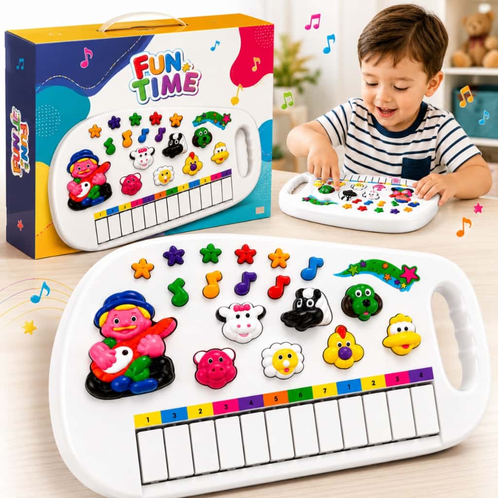 Piano Infantil Teclado Musical Fazendinha 12 Teclas Som de Animais Brinquedo Bebê Criança Branco Pratitudo Toys, imagem 1 de 1