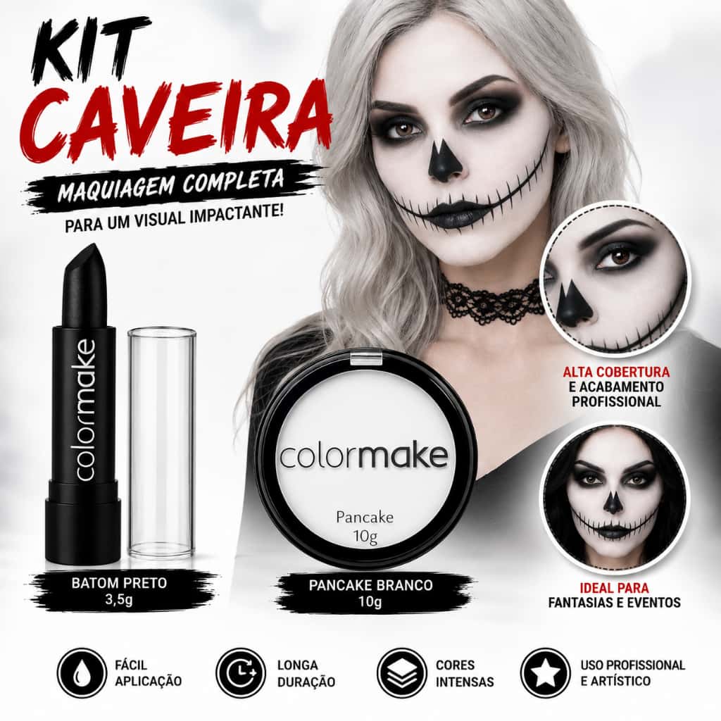 Kit Pancake Branco + Batom  Preto Halloween Maquiagem Artística Bruxa Festa Fantasia Colormake, imagem 1 de 1