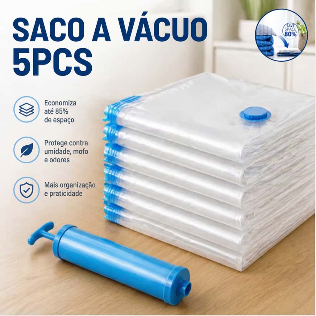 Kit com 5 Sacos a Vácuo para Roupas com ou sem Bomba Manual Organização para Guarda Roupas e Mala de Viagem, imagem 1 de 1